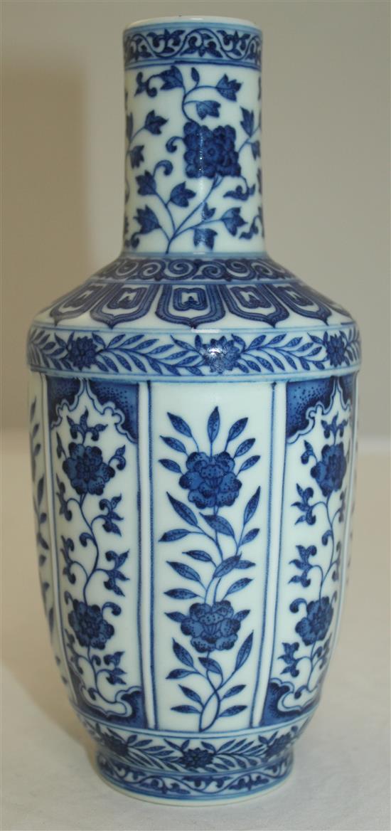 A Chinese blue and white bottle vase, Qianlong mark but later painted in Ming style, 20cm